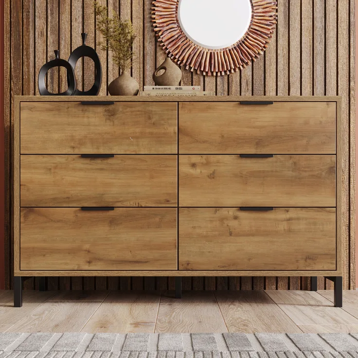 Kommode mit 6 Schubladen, Spanplatte & Metallgestell, 120x40x76 cm, Dunkle Eiche