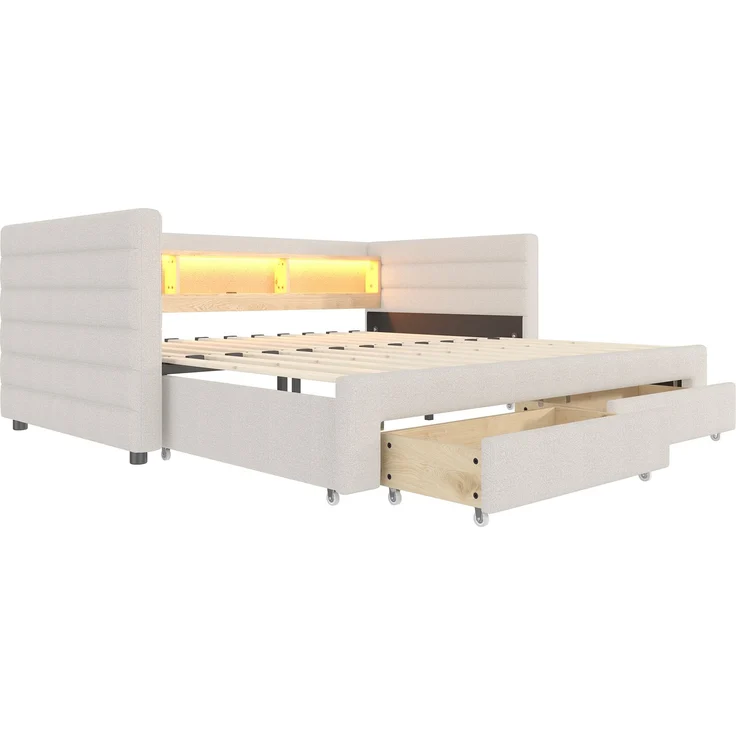 Merax Polsterbett, 90 × 190 cm, Tagesbett, Daybett, Schlafsofa, multifunktionales Ausziehbett-Design, USB- + Typ-C-Anschlüsse, mit 2 Schubladen, LED-Lichtleiste, Samt, beige – Bild 9