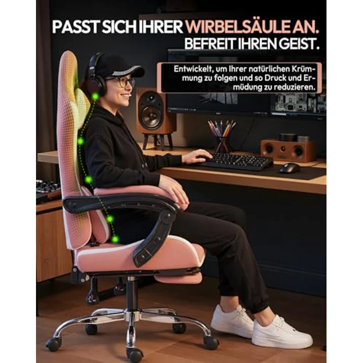 Dowinx Gaming Stuhl Bürostuhl Massage Gaming Sessel mit höhenverstellbaren Linkage-Armlehnen, ergonomischer Gamer Stuhl mit Fußstütze, gepolstert Gaming Chair 150° neigbar bis 180 kg, Rosa – Bild 9
