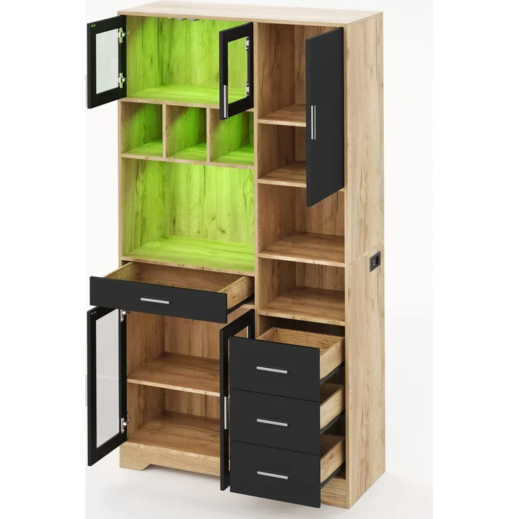 Buffetschrank 100 x 40 x 185 cm, Küchenschrank aus MDF mit LED-Beleuchtung, Steckdose und Glastüren – Bild 4