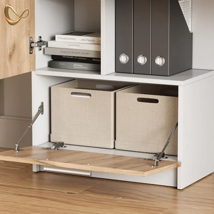 Livinity® Schreibtisch Lorena, Weiß/Goldkraft Eiche, 150 x 120.1 cm mit 2 Türen (1-St) – Bild 6