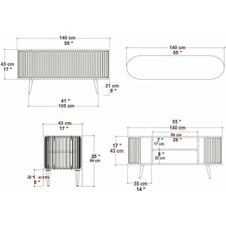 Dmora TV-Schrank Aludra 140 x 43 x 64 cm Braun, 2 Böden, 6 Fächer – Bild 3