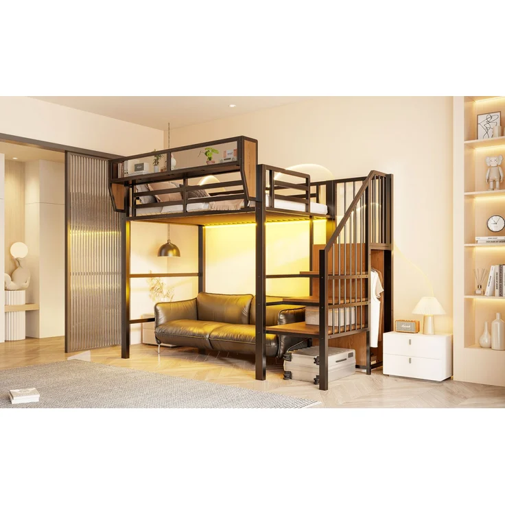 ZUBALIYA Hochbett 90 × 200 cm, Metall, LED-Beleuchtung, Leiter, Schwarz – Bild 23