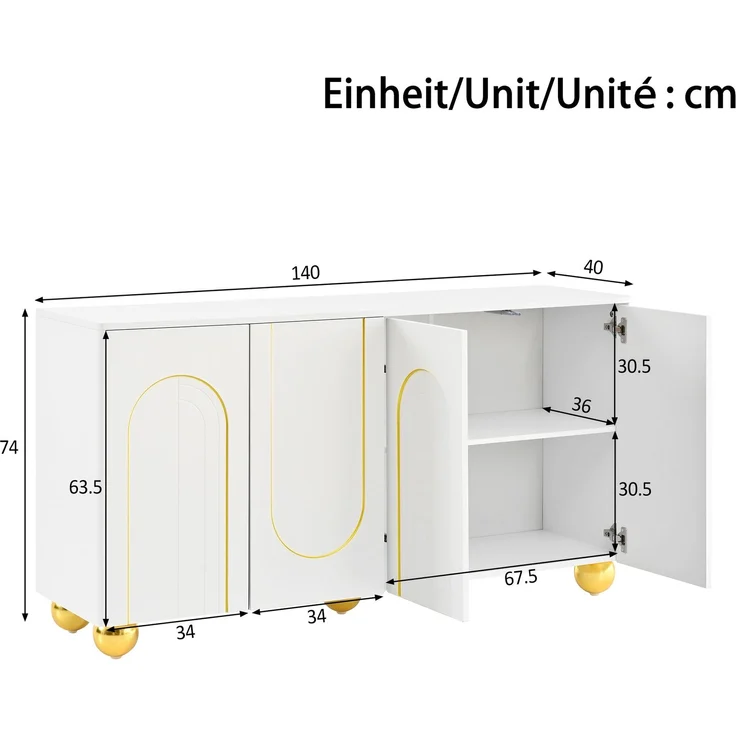 Merax Wohnzimmerschrank, Viertüriges Sideboard, Esszimmer Staurschrank mit Bogen-Goldlinien-Dekor, mit kugelförmigen Metallfüßen, Weiß – Bild 4
