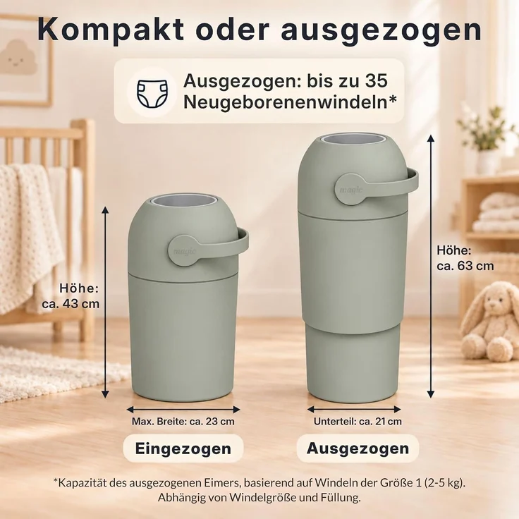 Set Magic Windeleimer, Abfalleimer mit Geruchsstopp, ohne Kassette + Windel | Hygienischer Mülleimer Geruchsdicht für Windeln ohne Kassette, Hygieneeimer für Windelentsorgung, Bad, Kinderzimmer, Küche – Bild 3