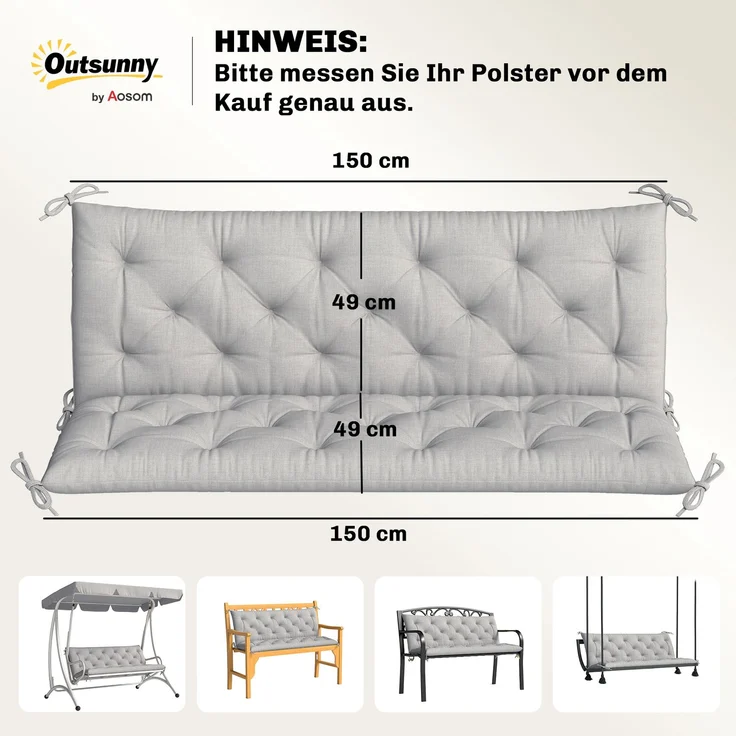 Outsunny Bankauflage, Polyester, Schaumstoff, Hellgrau, 98L x 150B x 8T cm – Bild 3