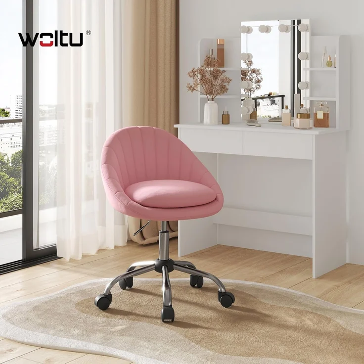WOLTU Homeoffice Stuhl, Bürostuhl ergonomisch, Schminkstuhl drehbar, Drehstuhl mit Rollen, Schreibtischstuhl 150 kg belastbar, für Arbeitszimmer Schlafzimmer, Samt, Rosa, BS167rs – Bild 2