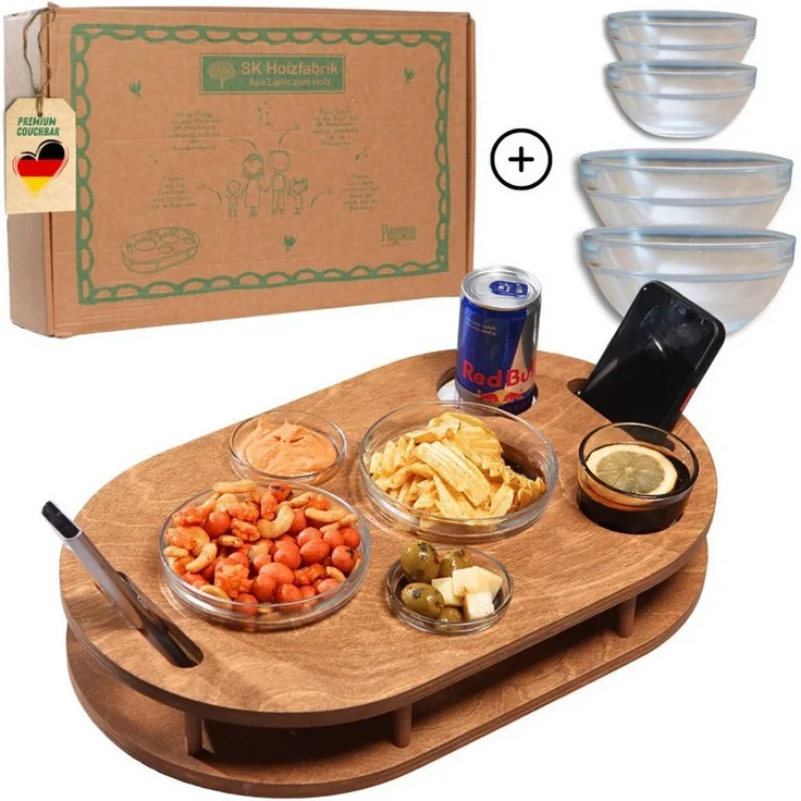 PEGSEN Servierplatte Couchbar Snackbox mit 4 Snackschalen Couch Tablett, Birkenholz, (Set, 5-tlg, 4x Glasschalen), Getränke & Snacks stehen stabil