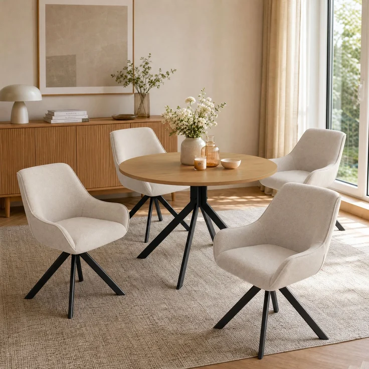 GOEURVANT 1001 Esstisch Set rund Ø 100 cm in Wildeiche-Optik, Küchentisch mit 4 drehbaren Stühlen in Beige – Bild 1