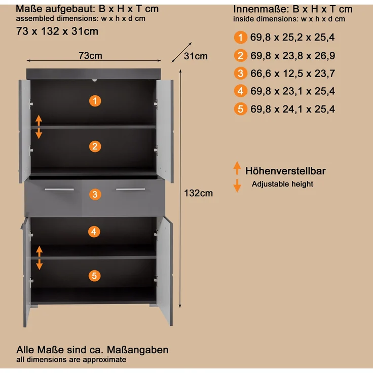 Trendteam 'Amanda' Midischrank, Holz, 132 x 31 x 73 cm, Grau Hochglanz – Bild 14