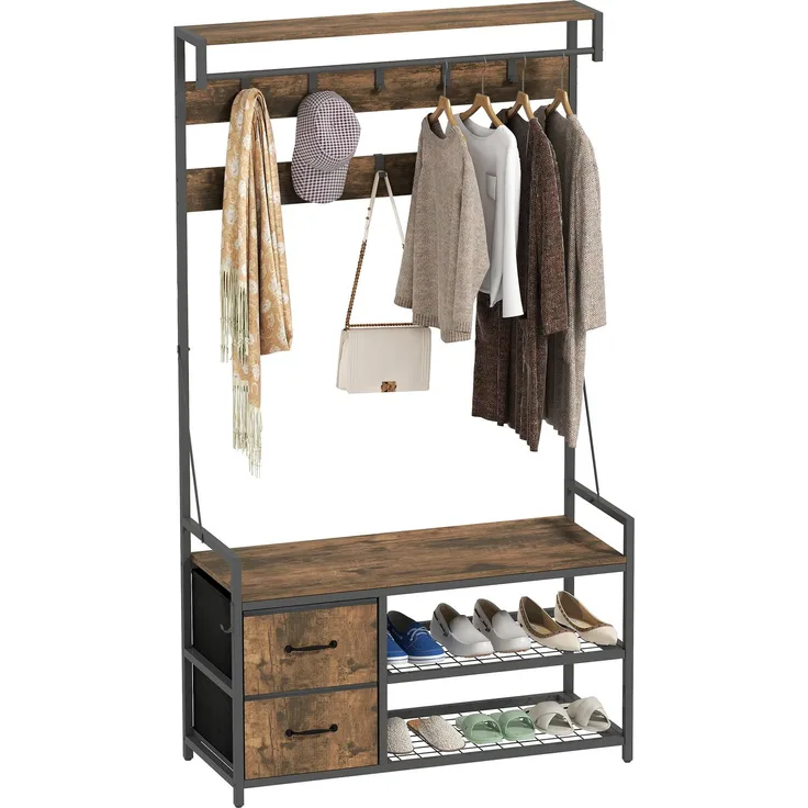 MELAYR, Schuhregal mit doppeltem Schuhregal, 10 verstellbaren Haken, 100 x 40 x 180 cm, rustikales Braun, Rustikalbraun