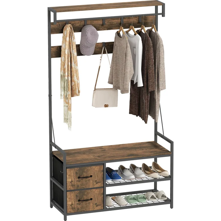 MELAYR, Schuhregal mit doppeltem Schuhregal, 10 verstellbaren Haken, 100 x 40 x 180 cm, rustikales Braun, Rustikalbraun – Bild 1
