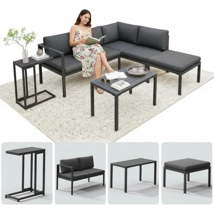 Melko Sitzgruppe Ecklounge Aluminium Beistelltisch Hocker Sitzgruppe wetterfest Grau, (UV-Beständigkeit, 5-tlg, Möbelset Anthrazit), Inkl. praktischen Beistelltisch, Hocker und wasserabweisenden Kissen – Bild 1