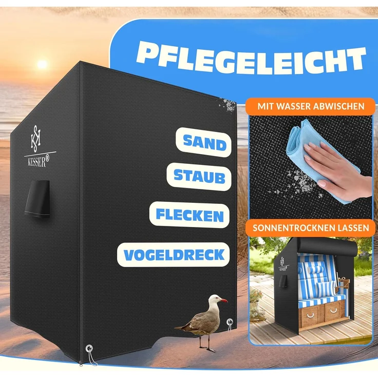 KESSER® Premium Strandkorb Schutzhülle mit Belüftungsöffnungen, Strandkorbhülle Wasserdicht, Winterfest UV-Beständiges, Schwerlast Reißfest 600D Oxford Gewebe Abdeckung (135x100x160/150cm) Schwarz, 135cm – Bild 6