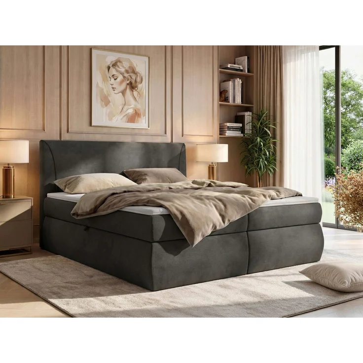 Boxspringbett mit Bettkasten TARENZA, Boxspringbett 140x200 cm mit Bonell-Matratze H3, Bett mit Topper T25, komfortables Boxspringbett, gepolstertes Kopfteil - Dunkelgrau Velvet – Bild 1