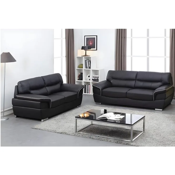 Vente-unique - Couchgarnitur Leder 3+2 - Schwarz - THIBAULT