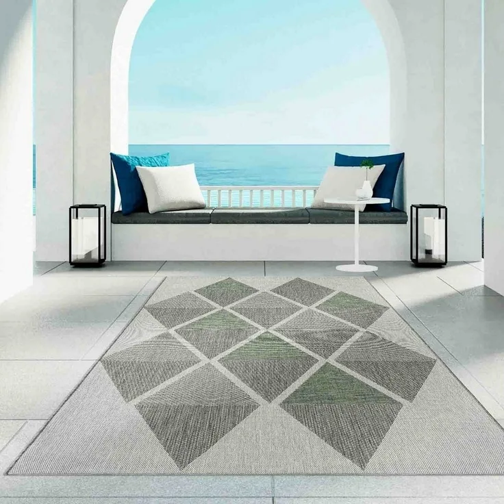 TaraCarpet Teppich Regina Teppich aus robustem Flachgewebe für In und Outdoor, rund, Höhe: 7 mm, Küche Wohnzimmer Terrasse Garten Balkon Karo grün 120X120