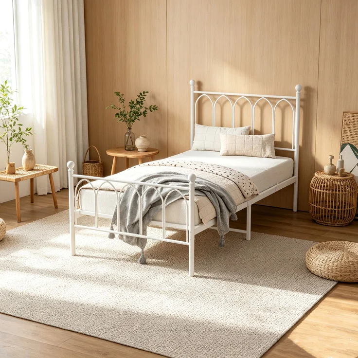 Metallbett 90x200 cm mit 15 cm Matratze, Industrial-Design, verziertes Kopfteil, Weiß – Bild 3