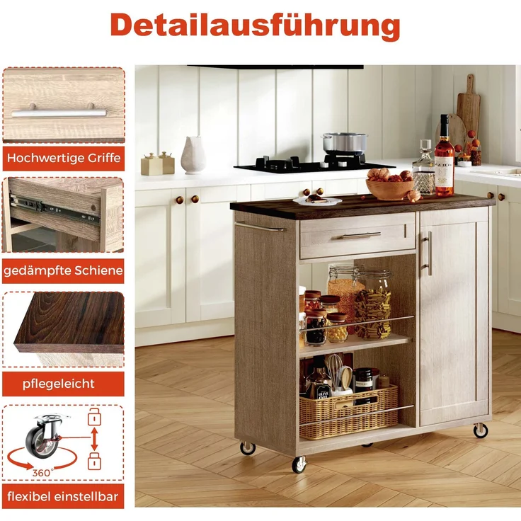 Küchenwagen 90 x 62 x 90 cm mit Schublade, Schrank, 2 offenen Regalen, Handtuchhalter, feststellbaren Rollen, Sonoma-Eiche – Bild 4