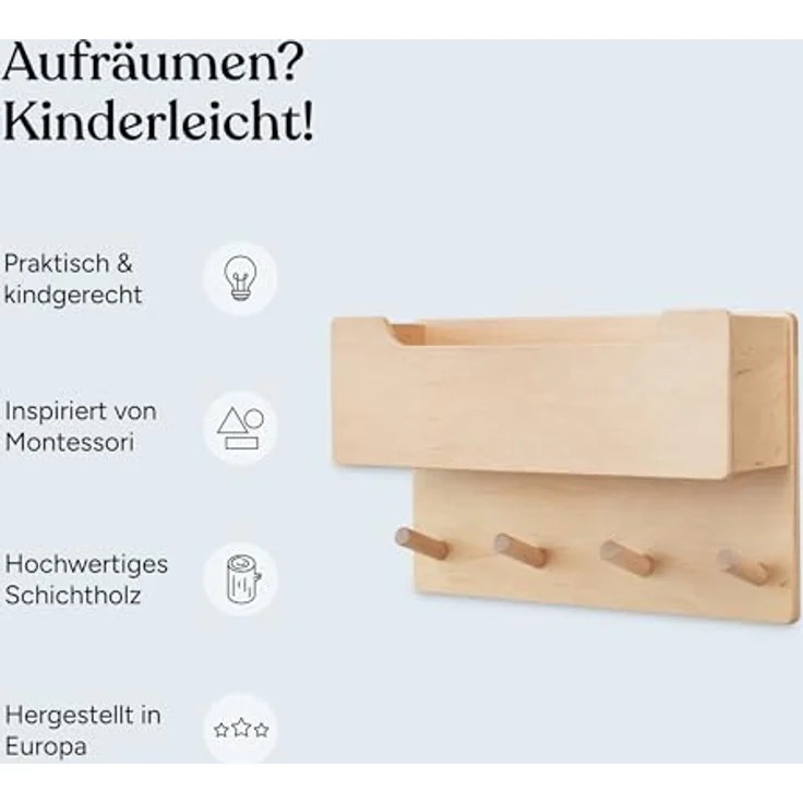 Ehrenkind Wandgarderobe für Kinder, Kindergarderobe (Garderobe Kinder, Garderobe für Kinderzimmer, Kinder Garderobe), aus massivem und nachhaltigem Holz - nach Montessori – Bild 3
