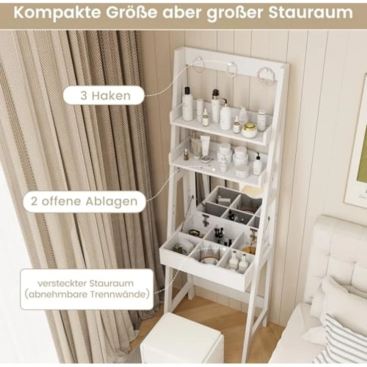 COSTWAY 3 in 1 Schminktisch & Leiterregal & Schreibtisch mit Klappspiegel und 3 Haken, Frisiertisch mit 2 Ablagen und 6 Fächern, Makeup Tisch mit Hocker, Kosmetiktisch weiß – Bild 5