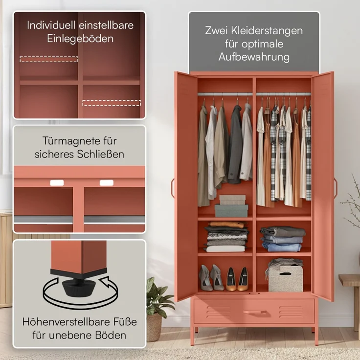 skølm 'Atria' Kleiderschrank mit Schublade, Metall, 170x45x80 cm, terrakotta, Garderobe mit 4 Fächern und 2 Kleiderstangen – Bild 3