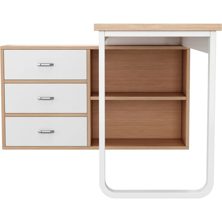 Flieks L-Form Schreibtisch 147×100×75.3 cm, Bürotisch mit 3 Schubladen & 2 offenen Ablagefächern, massiver Stahlrahmen, Naturholzfarbe & Weiß – Bild 6