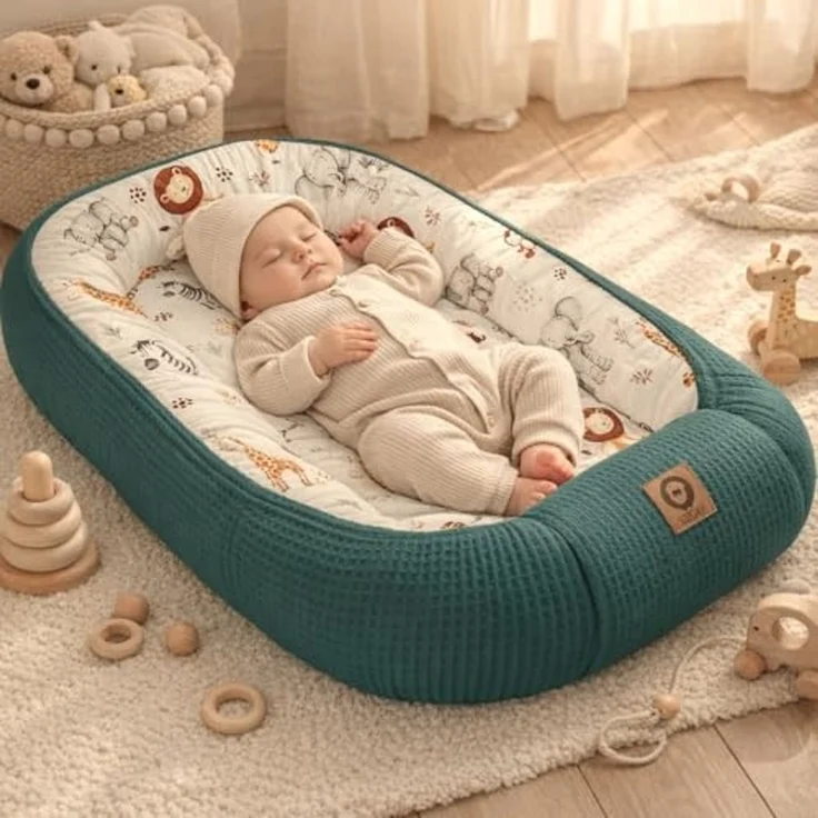 Babynestchen Neugeborene – Nestchen Baby aus Waffel Baumwolle & Baumwollstoff – Babynest für Babybett & Kinderbett – Baby Kokon Tragbar – OEKO-TEX – Zubehör für Babybett - ZOO und Flaschenfarbe – Bild 2