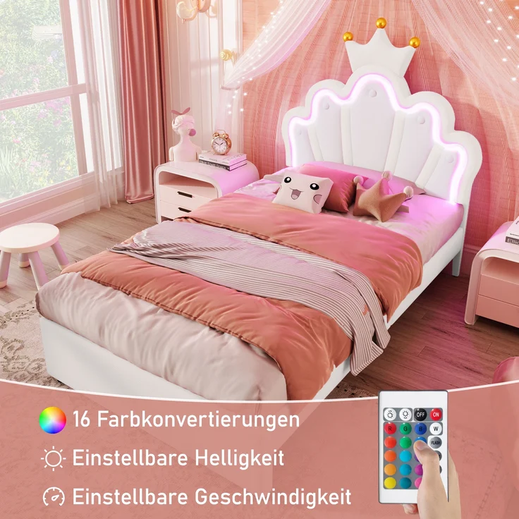 Polsterbett, 90 x 200 cm, Ohne Matratze, Ferngesteuertes Ambientelicht, Bett mit 2 Schubladen, Prinzessinnenbett in Kronenform, Verstellbares Kopfteil, PU, Weiß, 90 x 200 cm – Bild 1