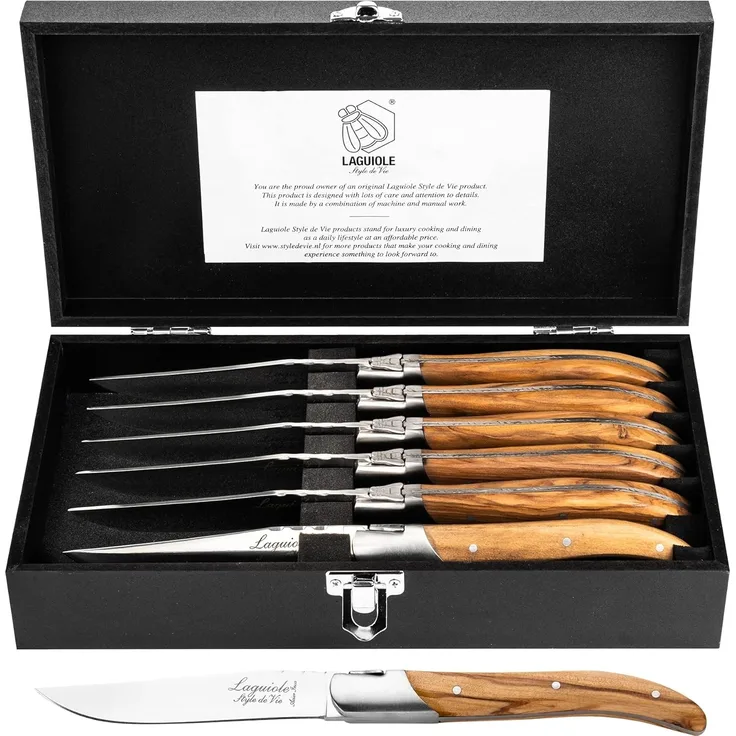 Laguiole Style de Vie Steakmesser LAGUIOLE STEAKMESSER SET "LUXIVIO", Edelstahl, Olivenholz, 6 Messer (6 Stück)