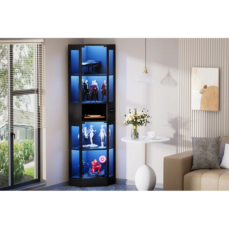 Fünfstöckige Glasvitrine mit Stauraum, LED-Beleuchtung, Glastüren und intelligenten Sensoren, Geeignet für Wohnzimmer, Schlafzimmer und Büros. Schwarz.--Schwarz--57x40x165cm--YOUDENOVA – Bild 5