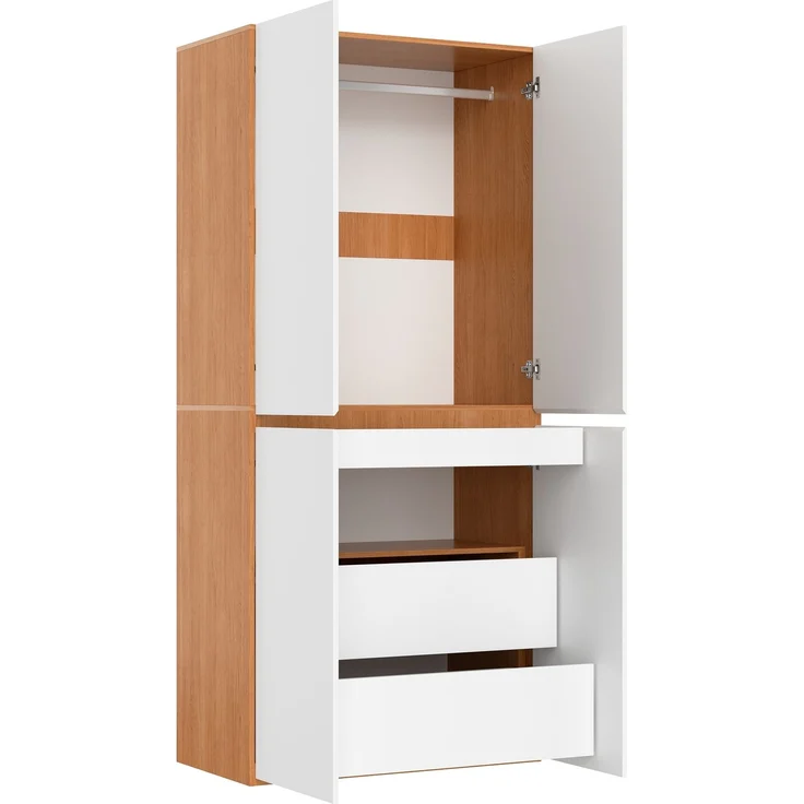 Kleiderschrank Garderobenschrank mit Schmuckschublade, 90 x 50 x 200 cm, mit 4 Türen, 1 Kleiderstange und 2 Schubladen, moderner Hochschrank für Schlafzimmer, Flur, Kinderzimmer oder Büro, Eiche/Weiß--Weiß--90x50x200cm--YOUDENOVA – Bild 8