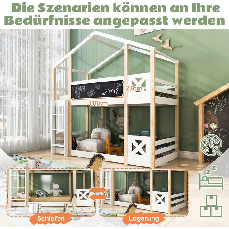 Kinderbett Baumhaus, Massivholz mit Leiter, 90x200 cm, Natur & Weiß, ohne Matratze – Bild 6