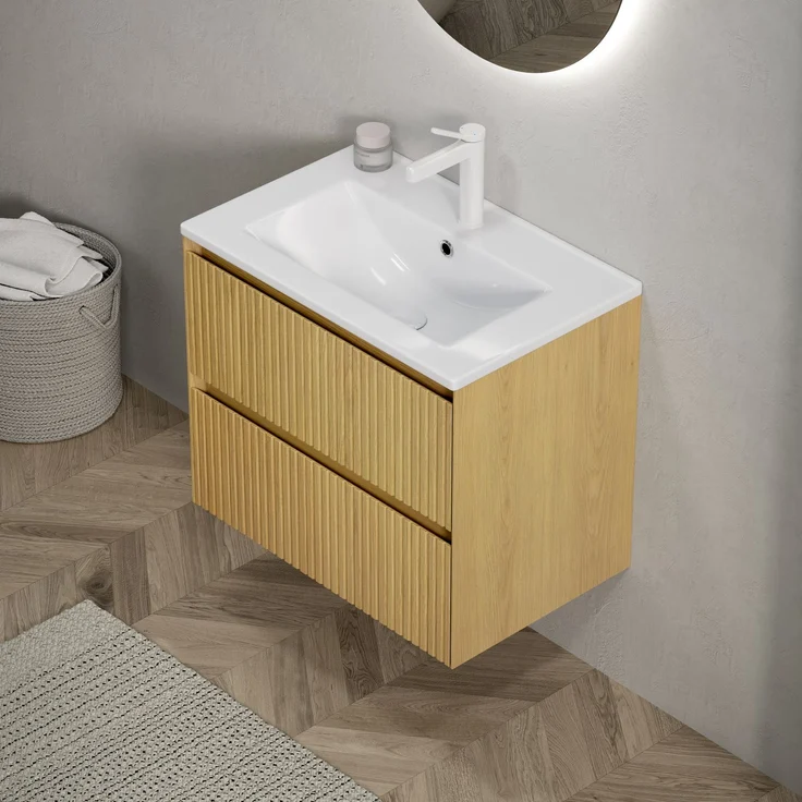 Wandhängender Waschtischunterschrank, 61 cm breit, mit Keramikbecken und 2 Schubladen – Bild 5