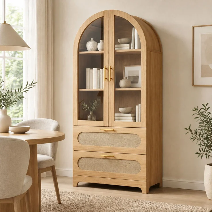 Vitrine 80 x 40 x 175 cm in Holzoptik mit Glastüren, Rattanfronten und 2 Schubladen – Bild 1