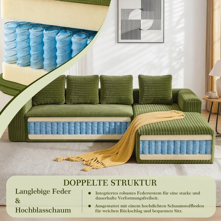 3-Sitzer Ecksofa B 261 x T 168 x H 58 cm aus grünem Cordstoff, modular – Bild 6