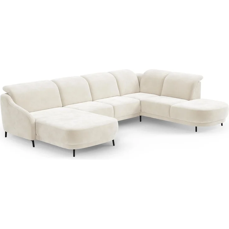 CAVADORE Wohnlandschaft Blue, Sofalandschaft mit Longchair im modernen Design, inkl. kopfteilverstellung, Vorziehsitz motorisch, Klapptisch, USB-Anschluss, mattschwarzen Metallfüßen, Naturweiß