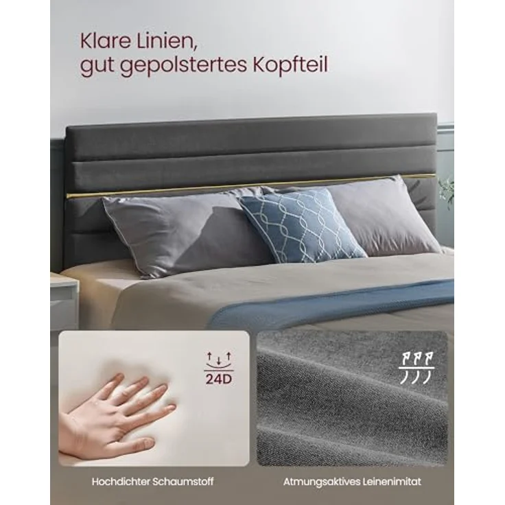 VASAGLE Doppelmatratze mit Bettgestell, 200 x 180 x 20 cm, Gel-Memory-Schaum, mittelfest, 7-Zonen-Unterstützung, verstellbares gepolstertes Kopfteil, blau und schiefergrau RMZ218QZ02-01 – Bild 4