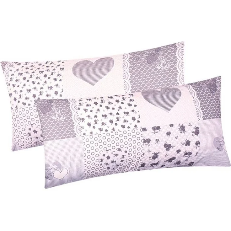 Heubergshop Kissenbezug, (2 Stück), 2er Set 40x80cm - Baumwolle Landhaus Herzen Blumen Grau (422/1-40x80) – Bild 1