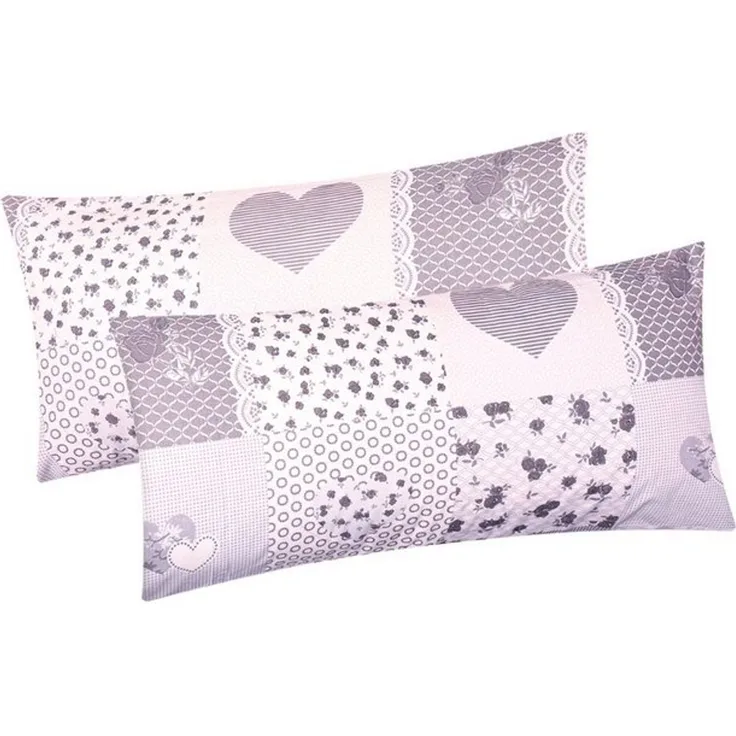 Heubergshop Kissenbezug, (2 Stück), 2er Set 40x80cm - Baumwolle Landhaus Herzen Blumen Grau (422/1-40x80)