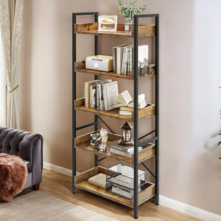 YITAHOME Bücherregal mit 5 Ebenen, Bodenstehende Standregal mit stabilem Stahlrahmen, Regaleinheit, Industrielles Aufbewahrungsregal mit 4 Haken, für Wohnzimmer, Heimbüro, Vintagebraun Lagerregale – Bild 5