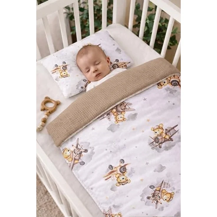 Babynest Nestchen Baby Set für Neugeborene – 5-teilig – Kuschelnest aus 100% Baumwolle & Waffelpique – Babykokon tragbar – für Babybett, Kinderbett & Kinderwagen – OEKO-TEX - Flugzeuge und Braun – Bild 5