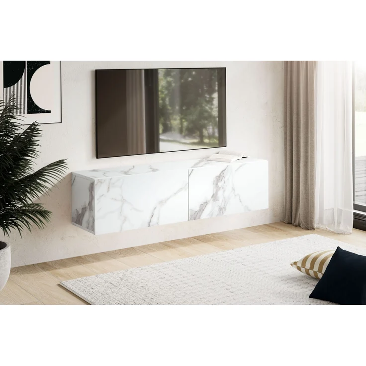 FINEBUY Lowboard FB58622 (Marmor-Optik Weiß 120x30x30 cm mit zwei Türen), TV-Kommode Hoch, TV-Schrank Modern, Fernsehtisch – Bild 2