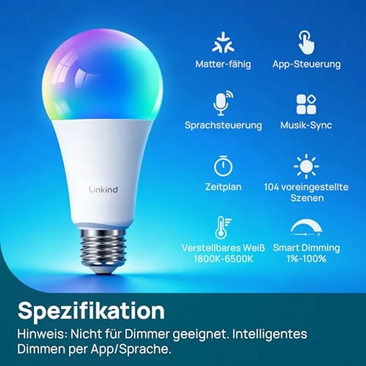 Linkind Matter smart glühbirne E27, 1600lm smart homekit lampe (104 Szenen) 14W ersetzt 100W WLAN LED Lampe RGBTW 2,4-GHz kompatibel Apple HomeKit/Alexa/Siri/Google/SmartThings, 4 Stück – Bild 2