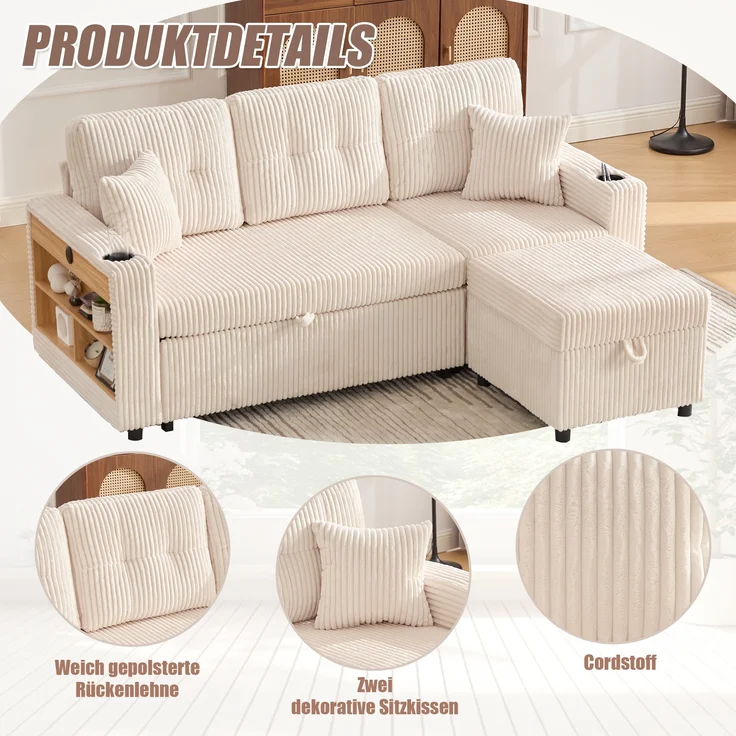 LVHOM Schlafsofa mit LED & USB, Ecksofa mit Ablagefächern, Schublade und Becherhaltern, Schlafcouch aus Cordstoff, frei Kombination, 196x144x85 cm – Bild 10