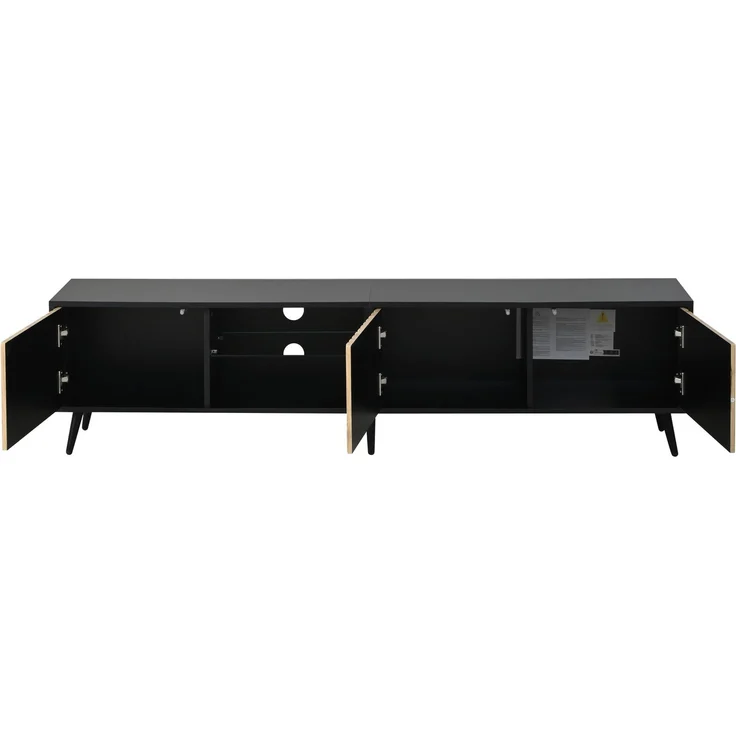 Merax 175cm LED-TV-Schrank für das Wohnzimmer, Naturholzfarbe + Schwarz, lowboard mit 6 Stützbeinen, Schrank aus gehärtetem Glas, 3 Schränke für viel Stauraum, Geeignet für 75-Zoll – Bild 8