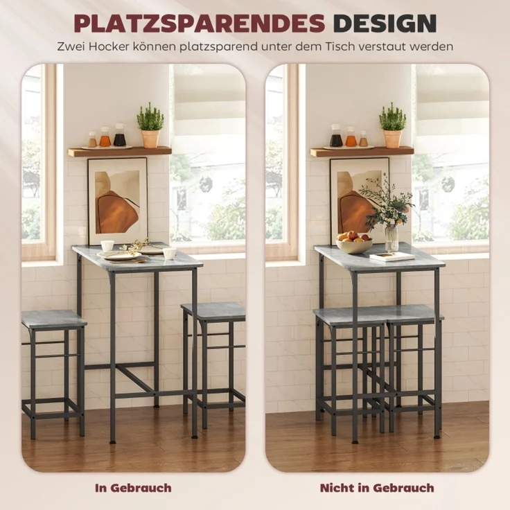Bartisch Set mit 2 Barhockern, Stehtisch im Industrie Stil, Frühstückstisch mit Metallrahmen für Küche & Hausbar,Grau – Bild 5