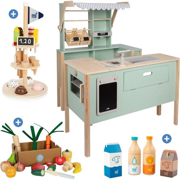 Small Foot Kaufladen Fresh - Salbeigrün, Spielküche mit 2-in-1 Verkaufsstand, Eisständer und 14-teiligem Obst- und Gemüse-Set