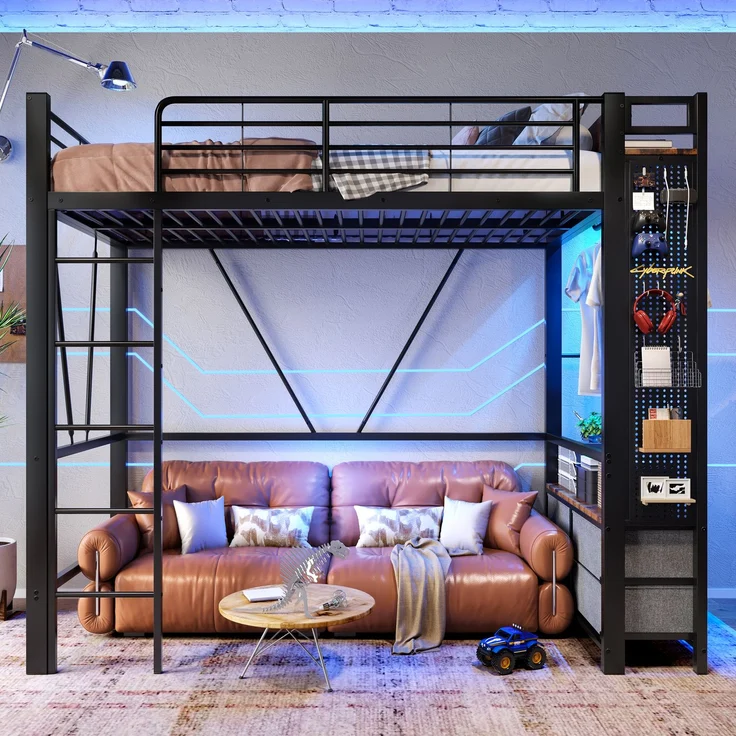 EINHOM Hochbett, 90 x 200 cm, Eisenrahmen, mit Trockenstab, mit Einlegeböden, 4 Schubladen, mit USB + Type-C, LED-Leiste, Geländer, Trittleiter, mit Lochbrett, Schwarz (Ohne Matratze) – Bild 7