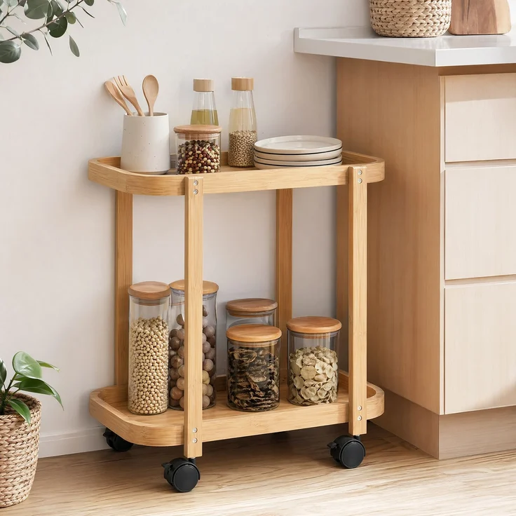 MELAYR, 2-stufiger Küchenwagen aus Bambus, zusätzlicher Küchenwagen mit Rollen, 2 Ablagen, 54 x 36,5 x 60 cm, Naturholz – Bild 3